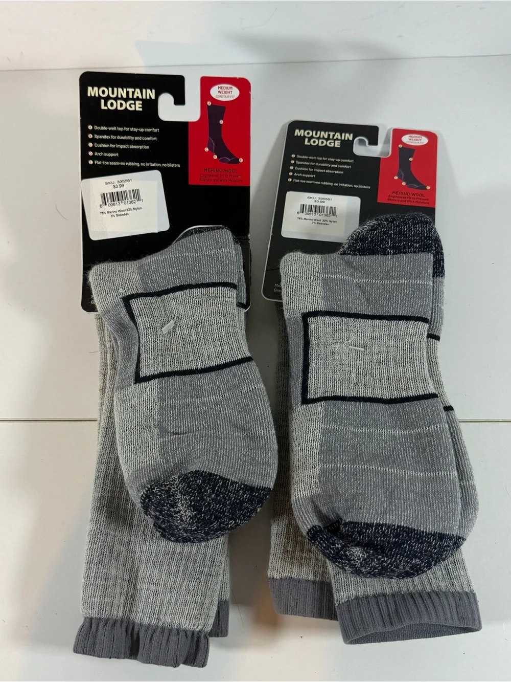 Mountain Lodge Men’s Grey Crew Socks - 2 Pack 75% Merino Wool